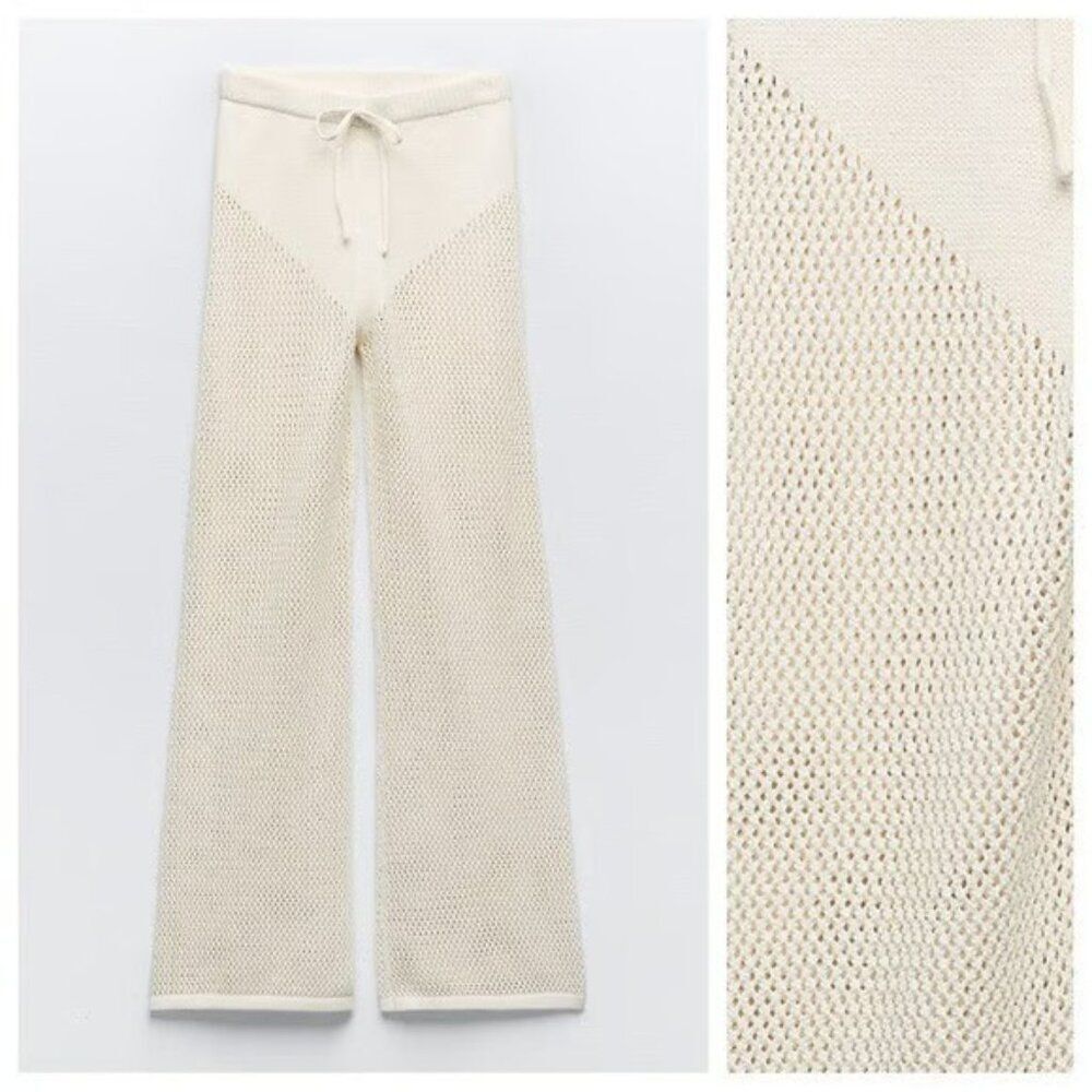 Zara Womens Pants Medium Ecru Cream Perforated Chenille High Waist 7901/874 NWT
